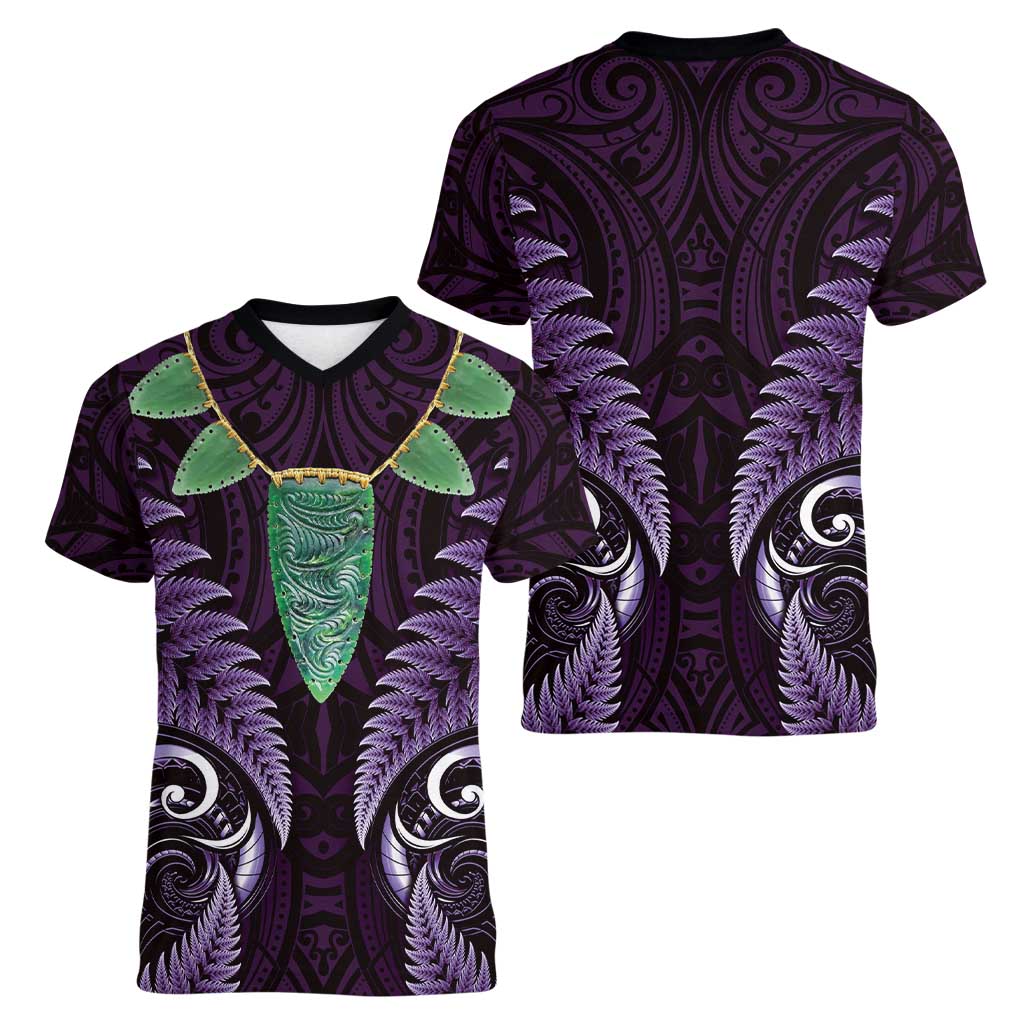 Aotearoa Pounamu Niho Women V-Neck T-Shirt Silver Fern Mix Maori Pattern - Purple LT14 - Polynesian Pride