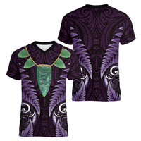 Aotearoa Pounamu Niho Women V-Neck T-Shirt Silver Fern Mix Maori Pattern - Purple LT14 - Polynesian Pride