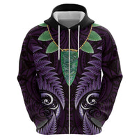 Aotearoa Pounamu Niho Zip Hoodie Silver Fern Mix Maori Pattern - Purple