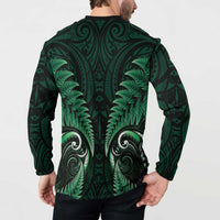 Aotearoa Pounamu Niho Button Sweatshirt Silver Fern Mix Maori Pattern - Green LT14 - Polynesian Pride