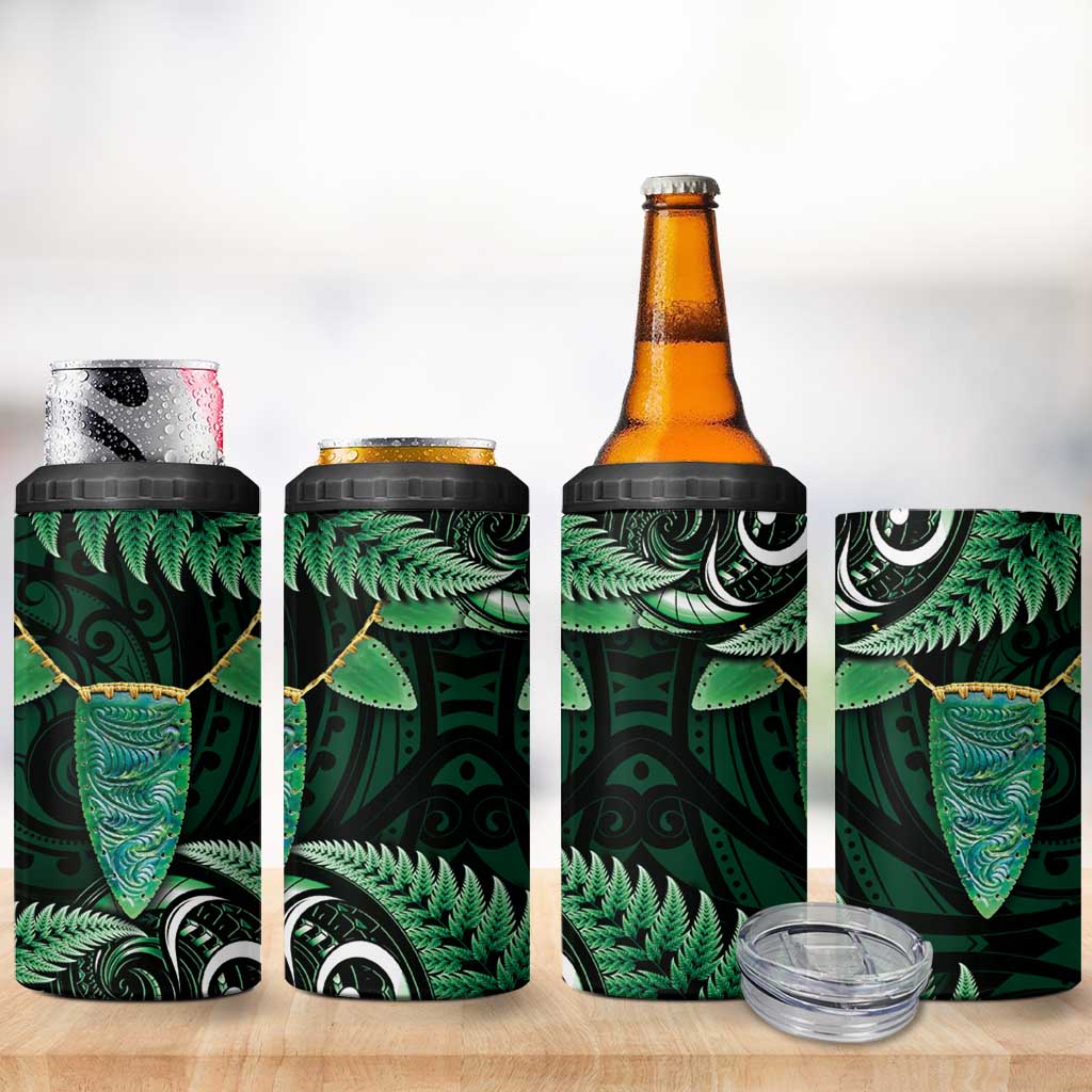 Aotearoa Pounamu Niho 4 in 1 Can Cooler Tumbler Silver Fern Mix Maori Pattern - Green LT14 - Polynesian Pride