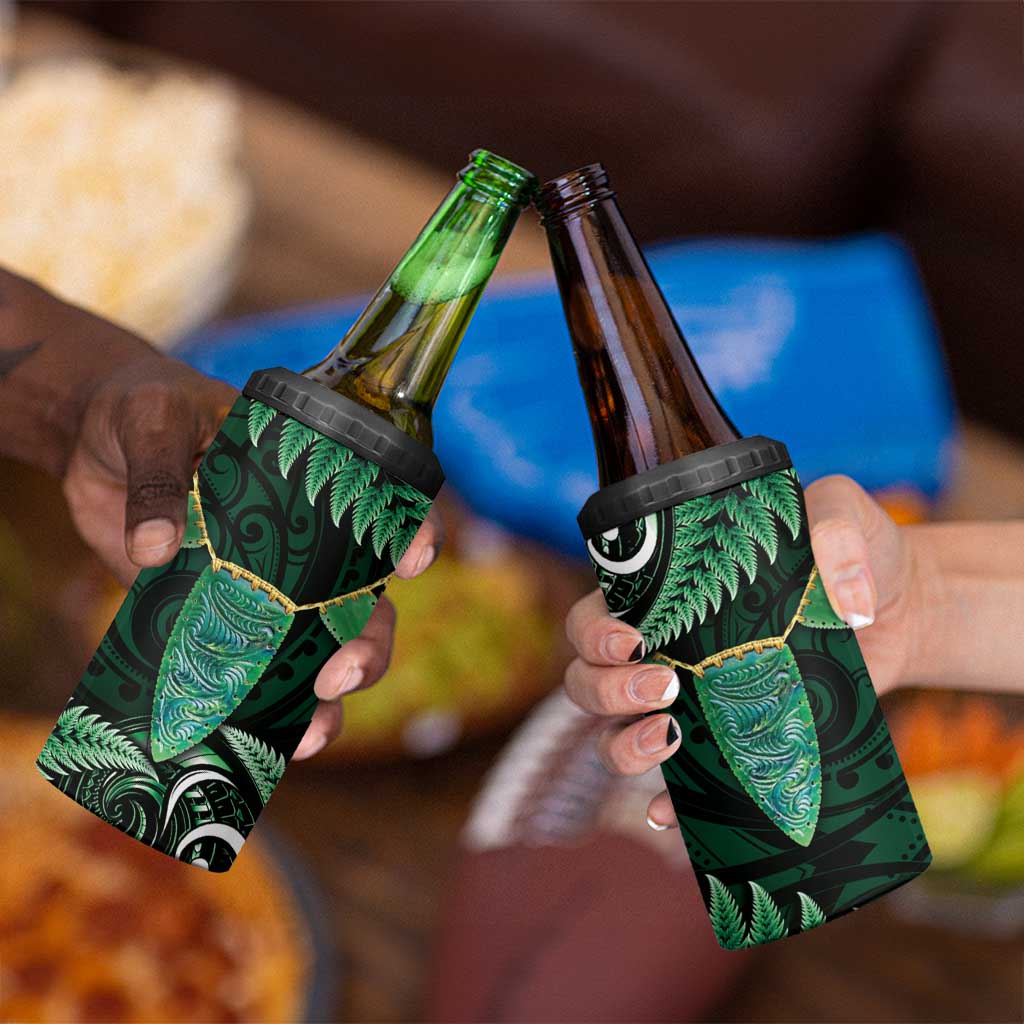 Aotearoa Pounamu Niho 4 in 1 Can Cooler Tumbler Silver Fern Mix Maori Pattern - Green LT14 - Polynesian Pride