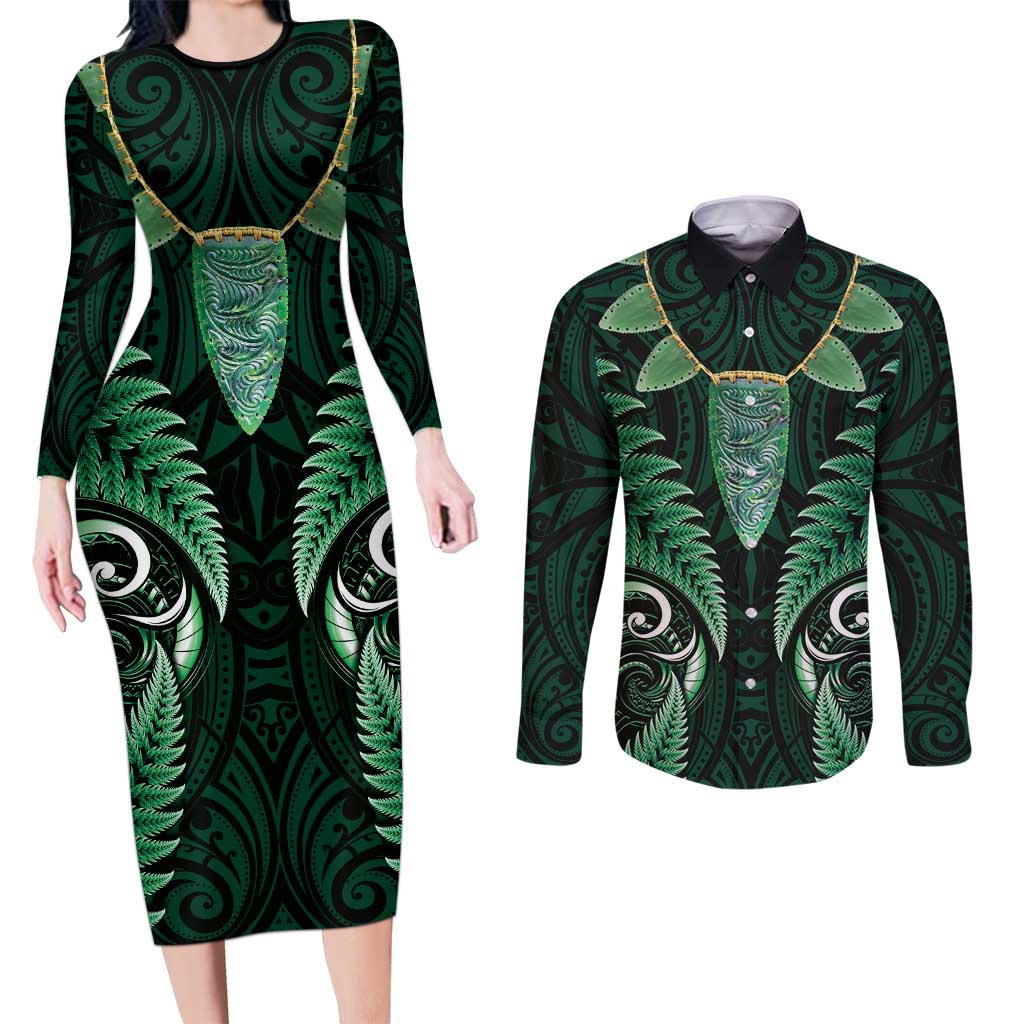 Aotearoa Pounamu Niho Couples Matching Long Sleeve Bodycon Dress and Long Sleeve Button Shirt Silver Fern Mix Maori Pattern - Green LT14 Green - Polynesian Pride