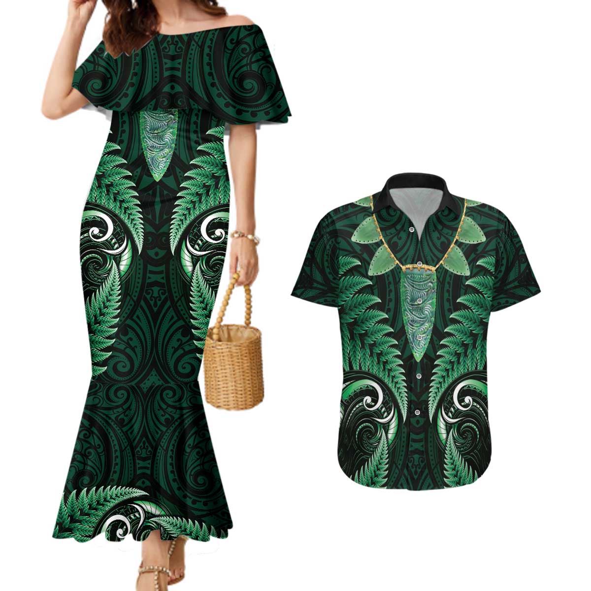 Aotearoa Pounamu Niho Couples Matching Mermaid Dress and Hawaiian Shirt Silver Fern Mix Maori Pattern - Green