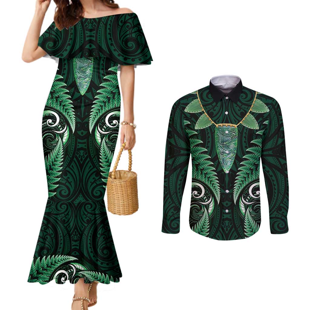 Aotearoa Pounamu Niho Couples Matching Mermaid Dress and Long Sleeve Button Shirt Silver Fern Mix Maori Pattern - Green LT14 Green - Polynesian Pride