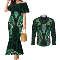Aotearoa Pounamu Niho Couples Matching Mermaid Dress and Long Sleeve Button Shirt Silver Fern Mix Maori Pattern - Green LT14 Green - Polynesian Pride