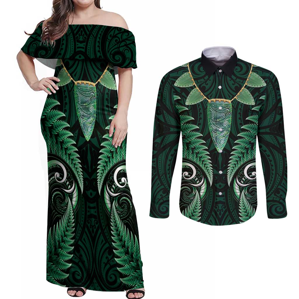 Aotearoa Pounamu Niho Couples Matching Off Shoulder Maxi Dress and Long Sleeve Button Shirt Silver Fern Mix Maori Pattern - Green LT14 Green - Polynesian Pride