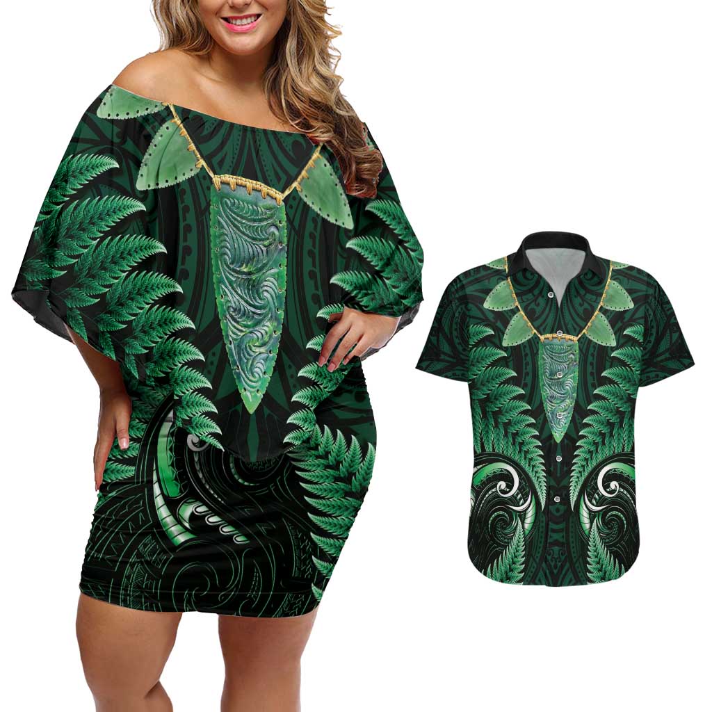 Aotearoa Pounamu Niho Couples Matching Off Shoulder Short Dress and Hawaiian Shirt Silver Fern Mix Maori Pattern - Green LT14 Green - Polynesian Pride