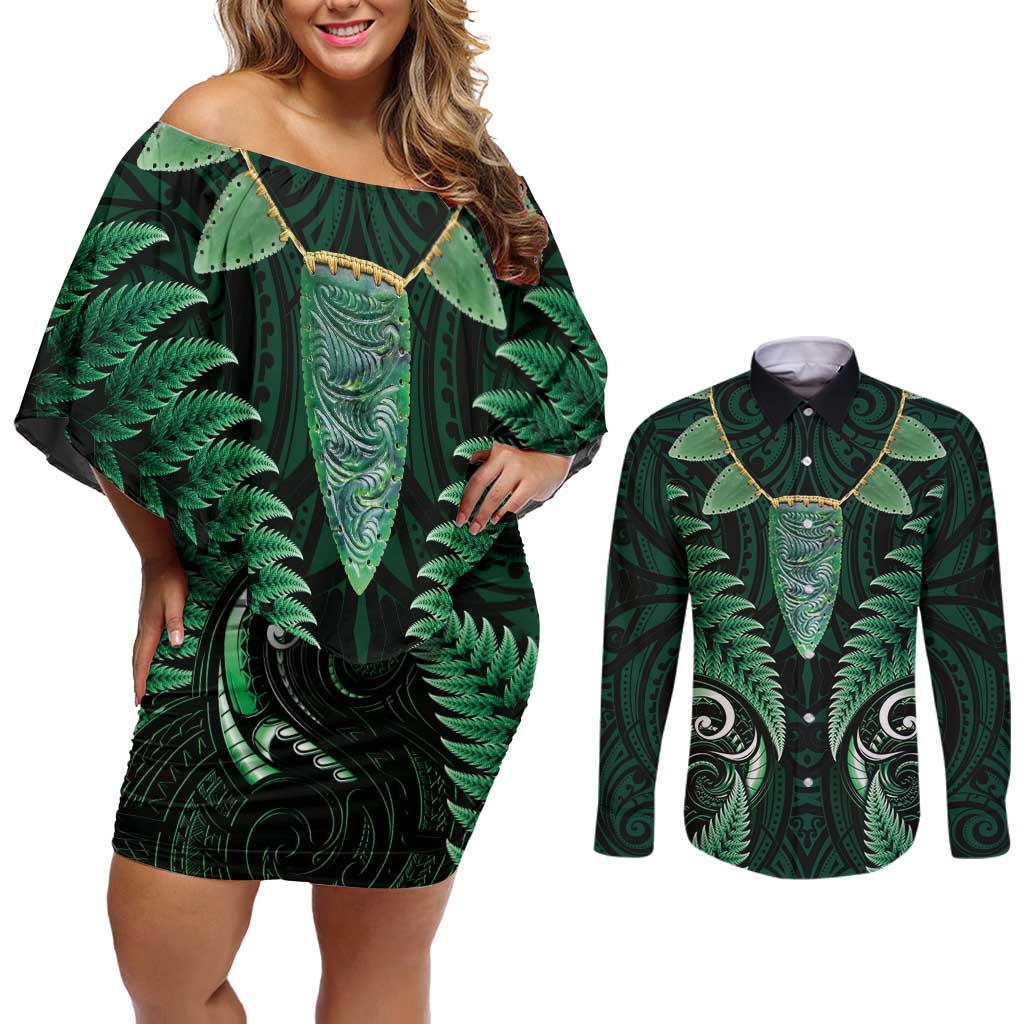 Aotearoa Pounamu Niho Couples Matching Off Shoulder Short Dress and Long Sleeve Button Shirt Silver Fern Mix Maori Pattern - Green LT14 Green - Polynesian Pride