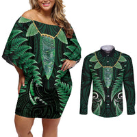 Aotearoa Pounamu Niho Couples Matching Off Shoulder Short Dress and Long Sleeve Button Shirt Silver Fern Mix Maori Pattern - Green LT14 Green - Polynesian Pride