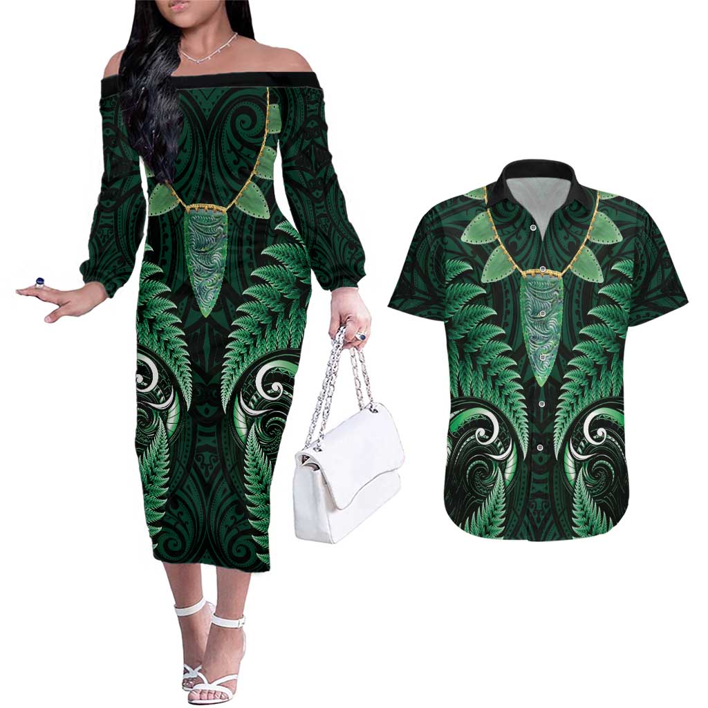 Aotearoa Pounamu Niho Couples Matching Off The Shoulder Long Sleeve Dress and Hawaiian Shirt Silver Fern Mix Maori Pattern - Green LT14 Green - Polynesian Pride