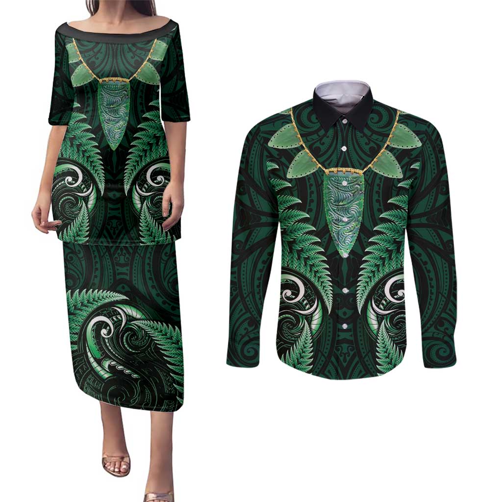 Aotearoa Pounamu Niho Couples Matching Puletasi and Long Sleeve Button Shirt Silver Fern Mix Maori Pattern - Green LT14 Green - Polynesian Pride