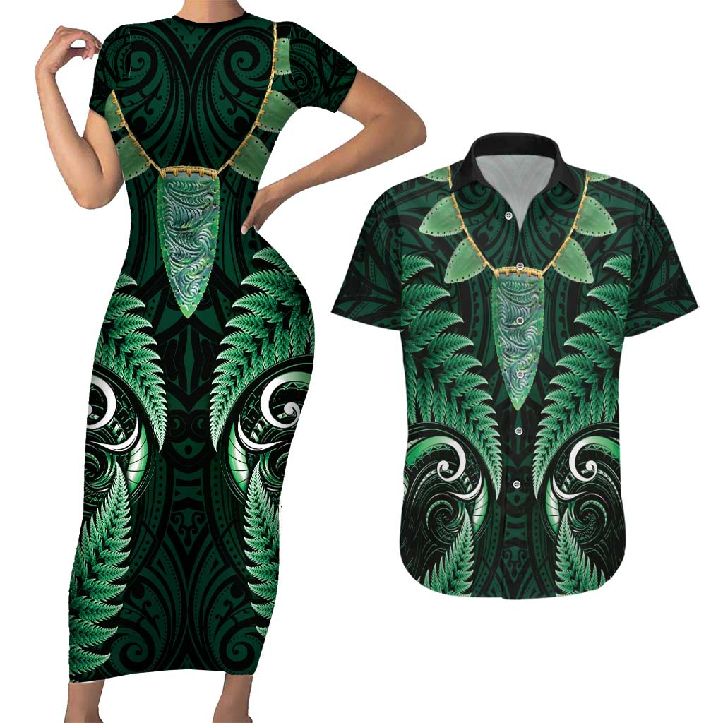 Aotearoa Pounamu Niho Couples Matching Short Sleeve Bodycon Dress and Hawaiian Shirt Silver Fern Mix Maori Pattern - Green LT14 Green - Polynesian Pride