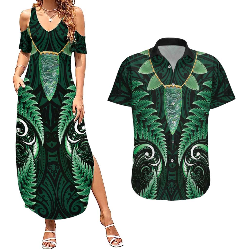 Aotearoa Pounamu Niho Couples Matching Summer Maxi Dress and Hawaiian Shirt Silver Fern Mix Maori Pattern - Green LT14 Green - Polynesian Pride