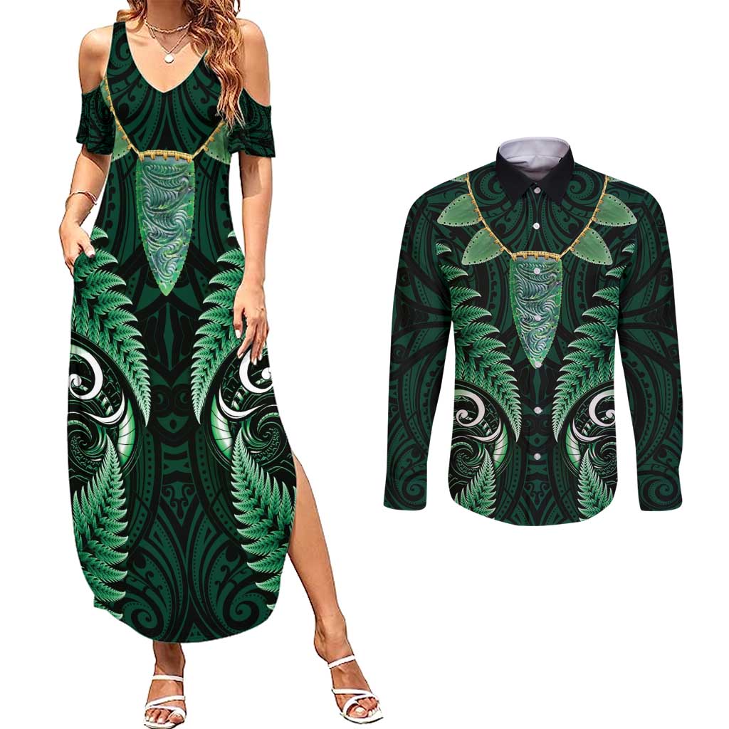 Aotearoa Pounamu Niho Couples Matching Summer Maxi Dress and Long Sleeve Button Shirt Silver Fern Mix Maori Pattern - Green LT14 Green - Polynesian Pride