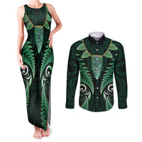Aotearoa Pounamu Niho Couples Matching Tank Maxi Dress and Long Sleeve Button Shirt Silver Fern Mix Maori Pattern - Green LT14 Green - Polynesian Pride