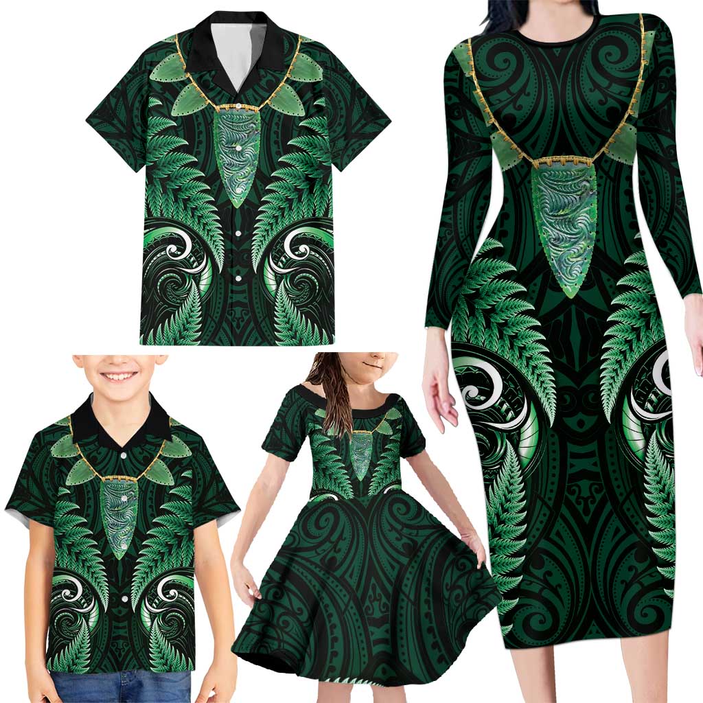 Aotearoa Pounamu Niho Family Matching Long Sleeve Bodycon Dress and Hawaiian Shirt Silver Fern Mix Maori Pattern - Green