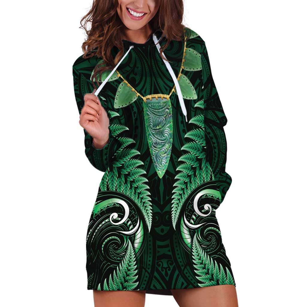 Aotearoa Pounamu Niho Hoodie Dress Silver Fern Mix Maori Pattern - Green LT14 Green - Polynesian Pride