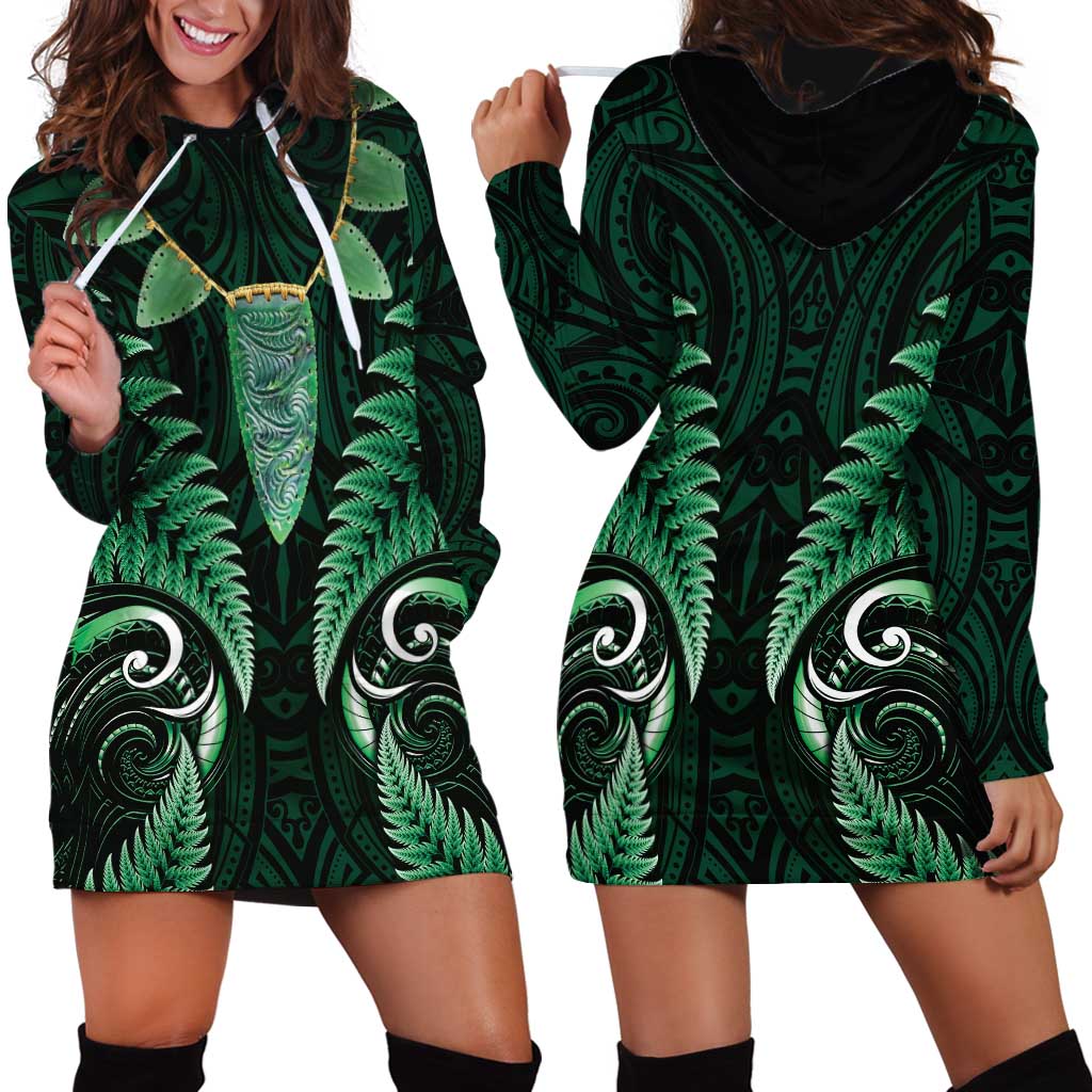Aotearoa Pounamu Niho Hoodie Dress Silver Fern Mix Maori Pattern - Green LT14 - Polynesian Pride
