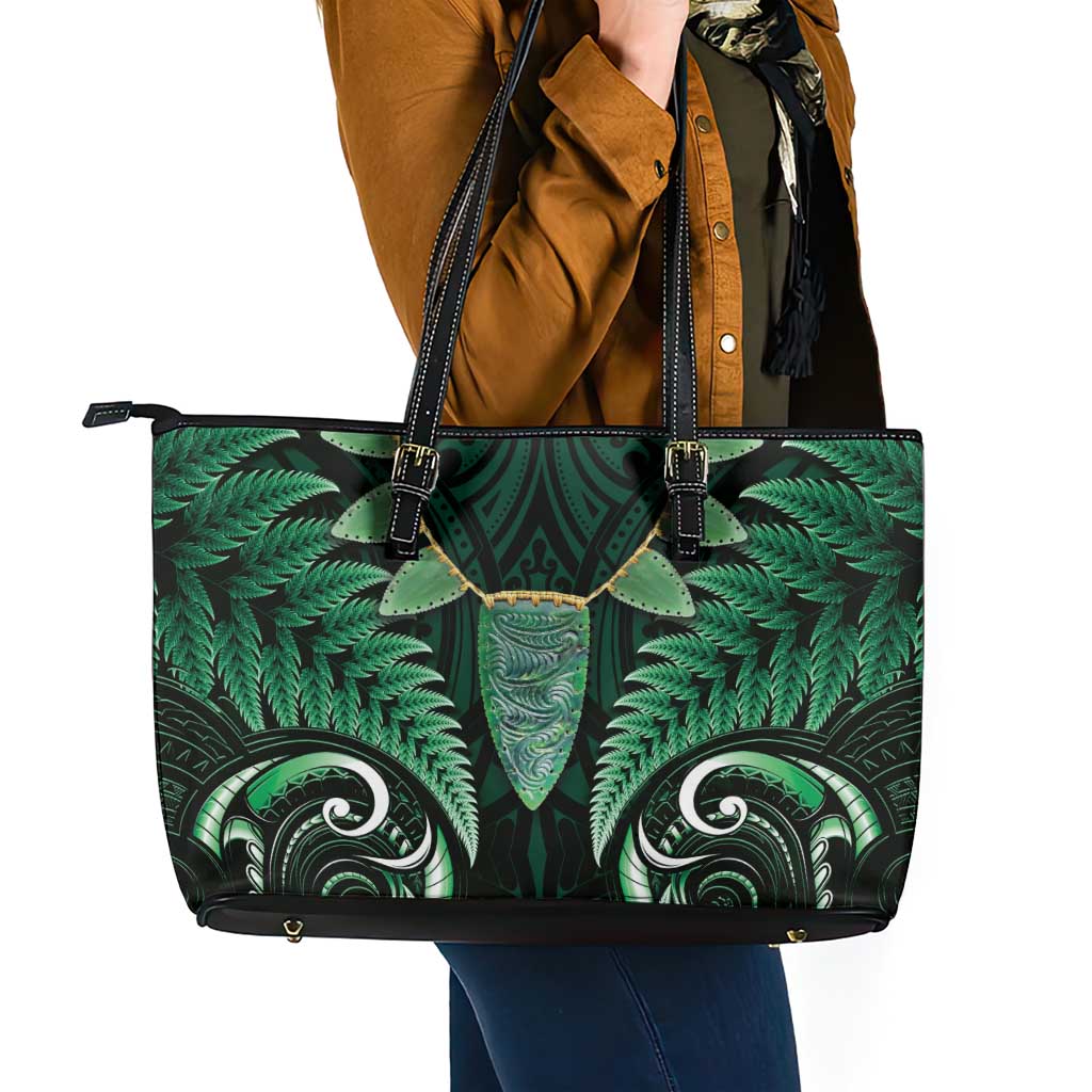 Aotearoa Pounamu Niho Leather Tote Bag Silver Fern Mix Maori Pattern - Green LT14 - Polynesian Pride