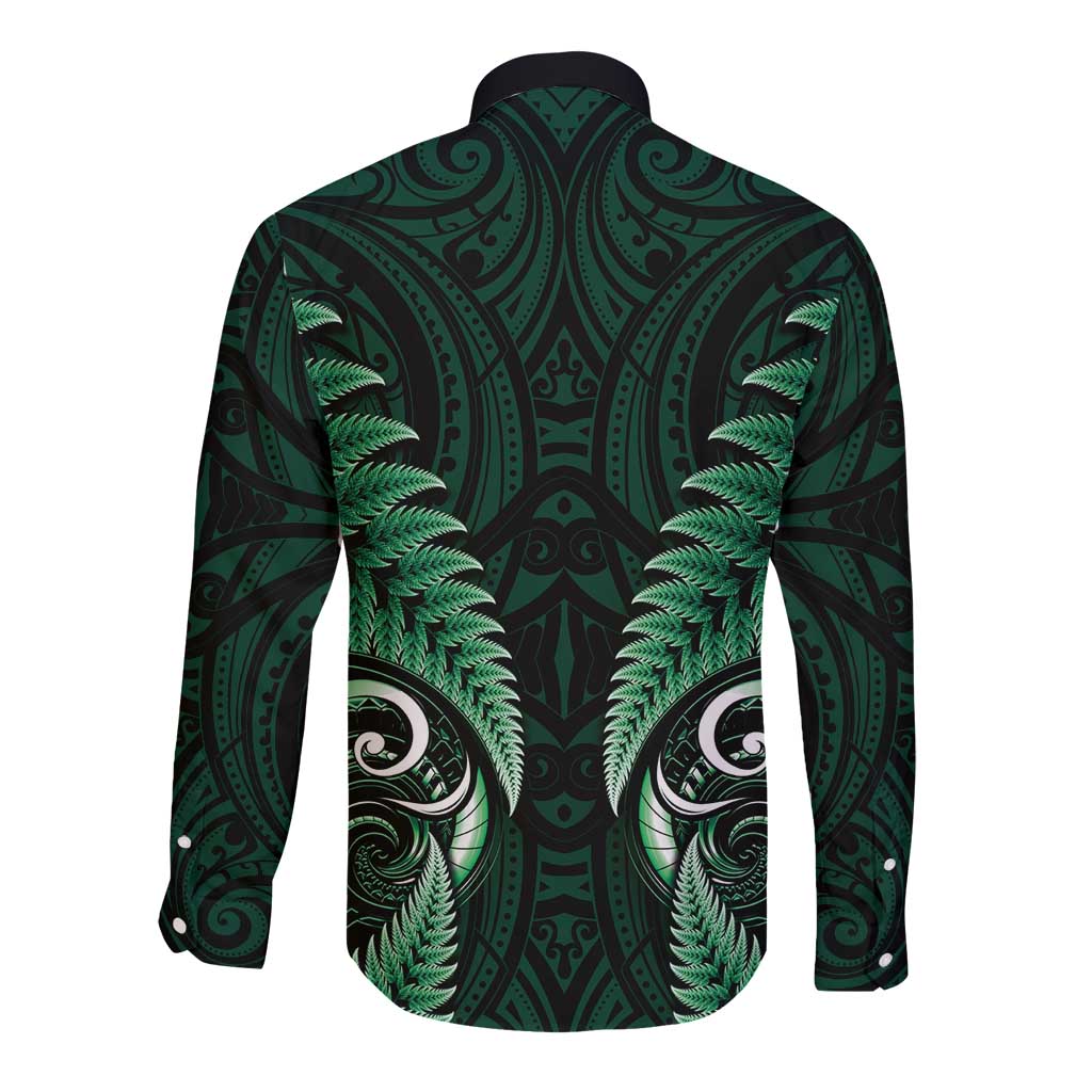 Aotearoa Pounamu Niho Long Sleeve Button Shirt Silver Fern Mix Maori Pattern - Green
