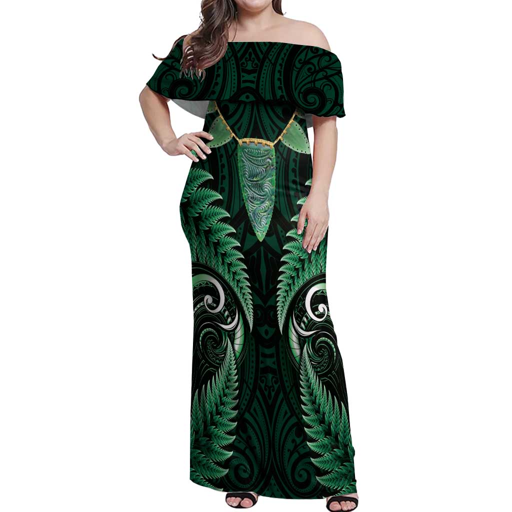 Aotearoa Pounamu Niho Off Shoulder Maxi Dress Silver Fern Mix Maori Pattern - Green LT14 Women Green - Polynesian Pride