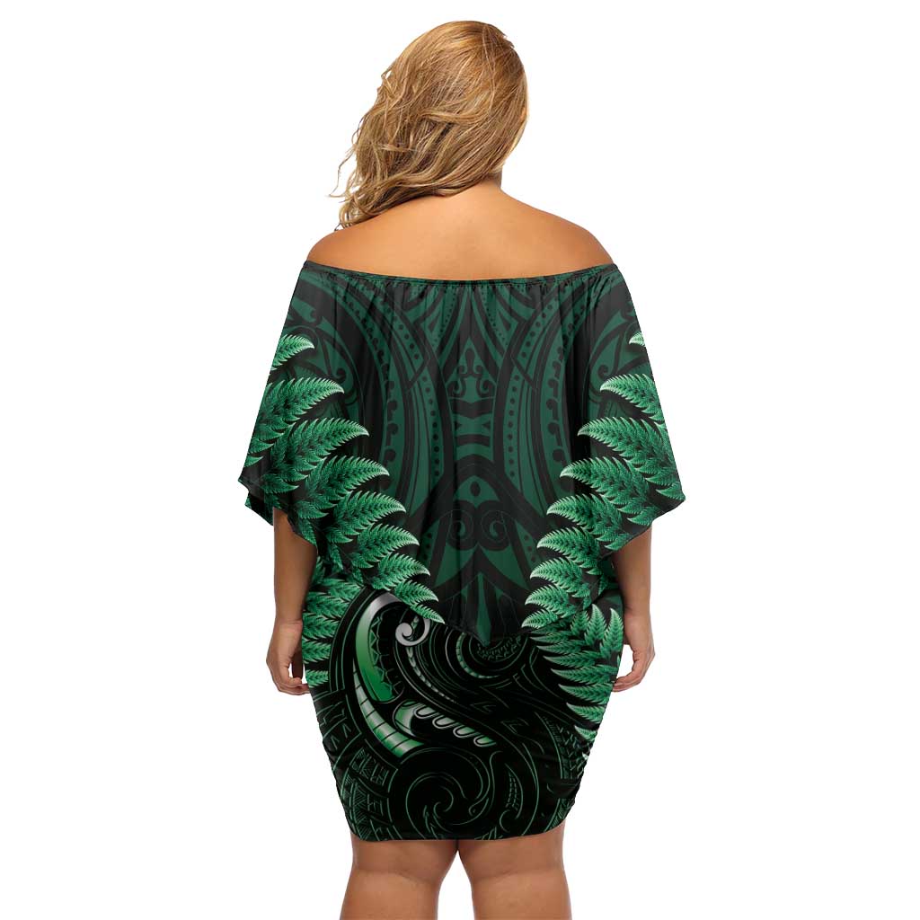 Aotearoa Pounamu Niho Off Shoulder Short Dress Silver Fern Mix Maori Pattern - Green LT14 - Polynesian Pride