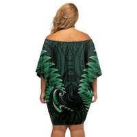 Aotearoa Pounamu Niho Off Shoulder Short Dress Silver Fern Mix Maori Pattern - Green LT14 - Polynesian Pride