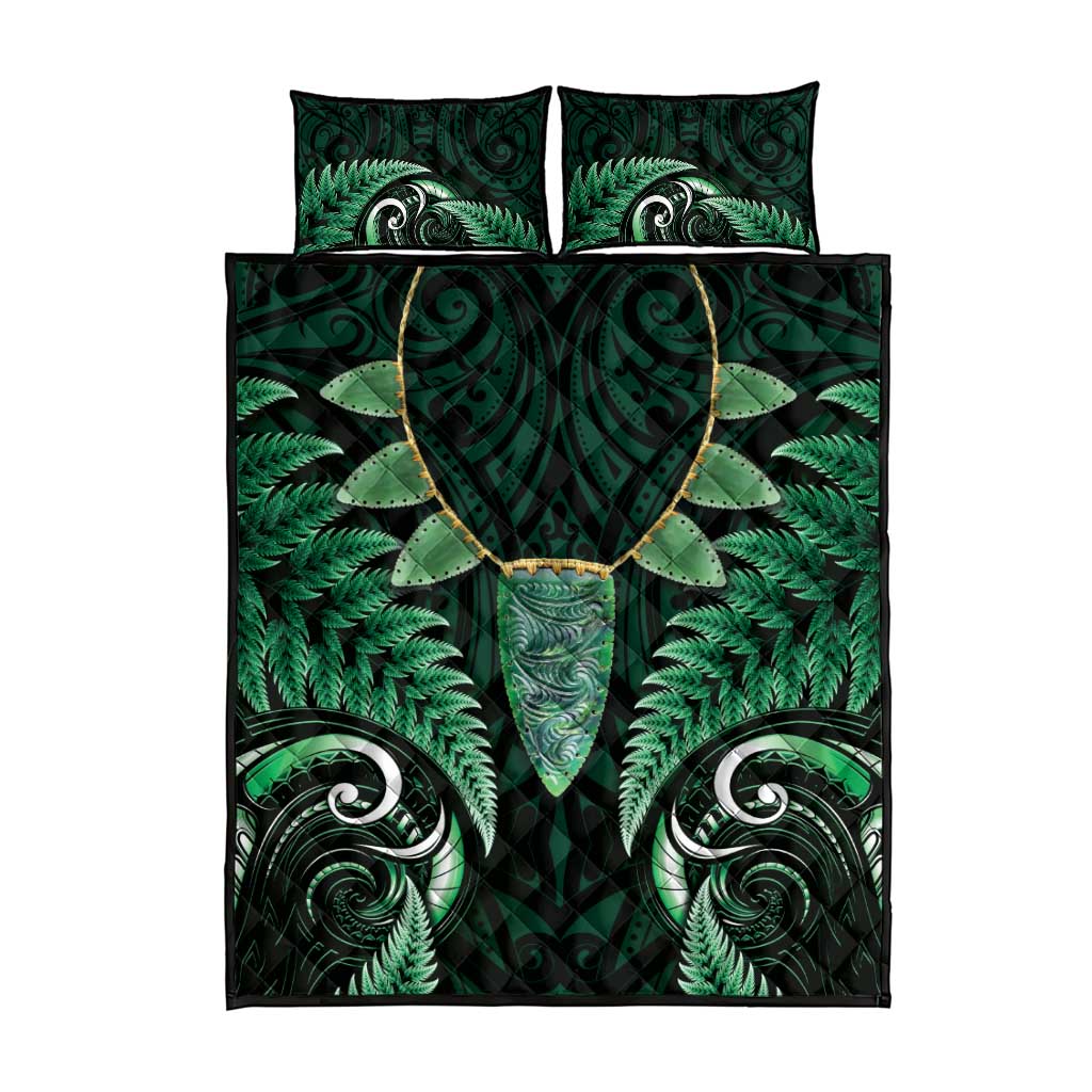 Aotearoa Pounamu Niho Quilt Bed Set Silver Fern Mix Maori Pattern - Green LT14 - Polynesian Pride