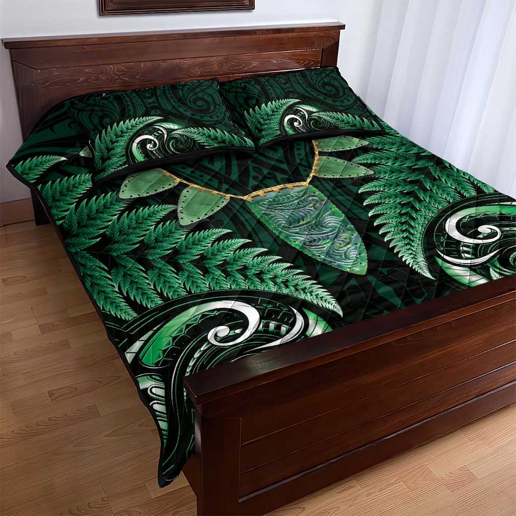 Aotearoa Pounamu Niho Quilt Bed Set Silver Fern Mix Maori Pattern - Green LT14 - Polynesian Pride