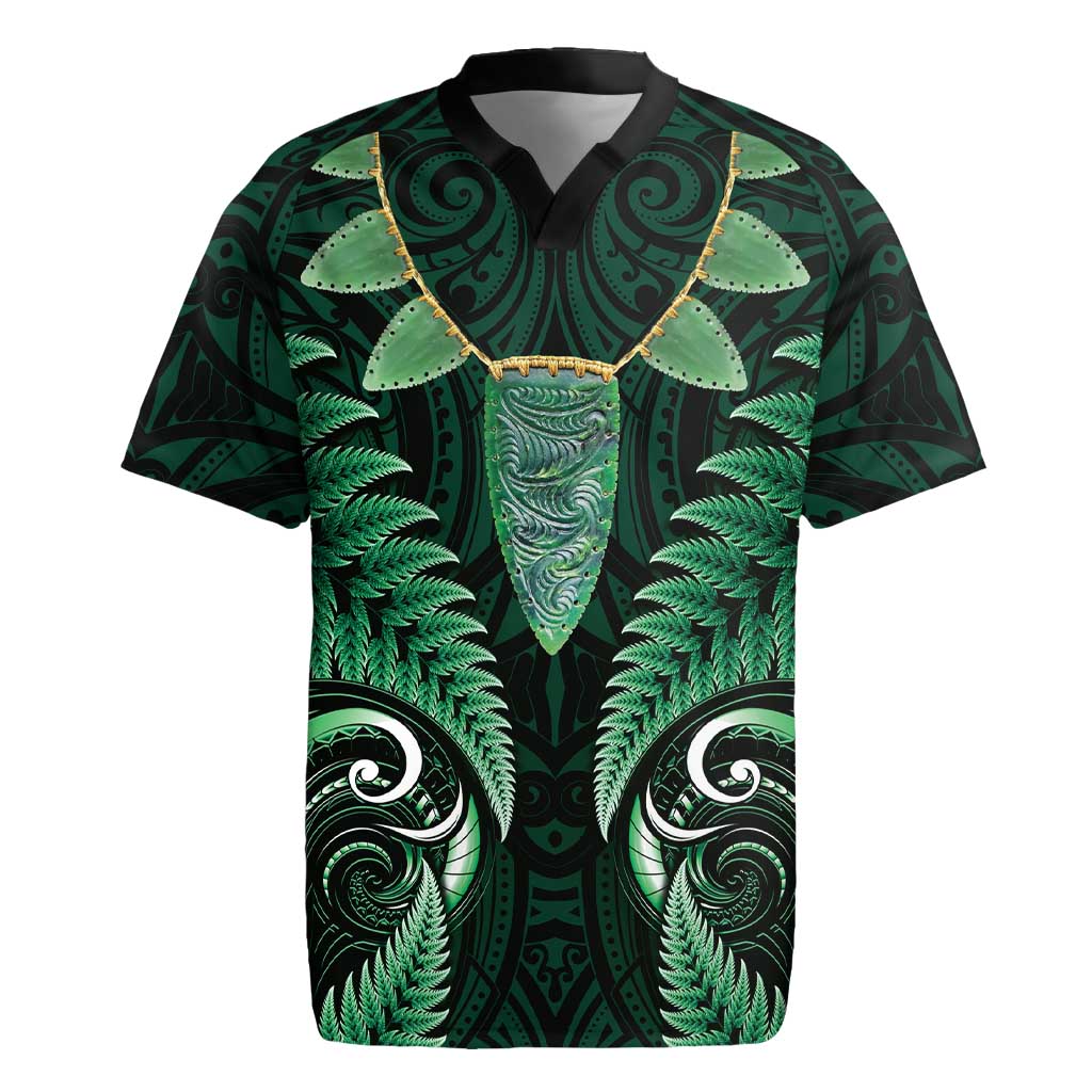 Aotearoa Pounamu Niho Rugby Jersey Silver Fern Mix Maori Pattern - Green LT14 Green - Polynesian Pride