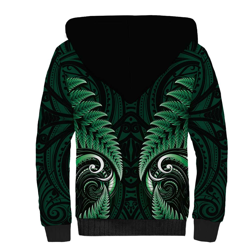 Aotearoa Pounamu Niho Sherpa Hoodie Silver Fern Mix Maori Pattern - Green LT14 - Polynesian Pride