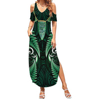 Aotearoa Pounamu Niho Summer Maxi Dress Silver Fern Mix Maori Pattern - Green LT14 Women Green - Polynesian Pride