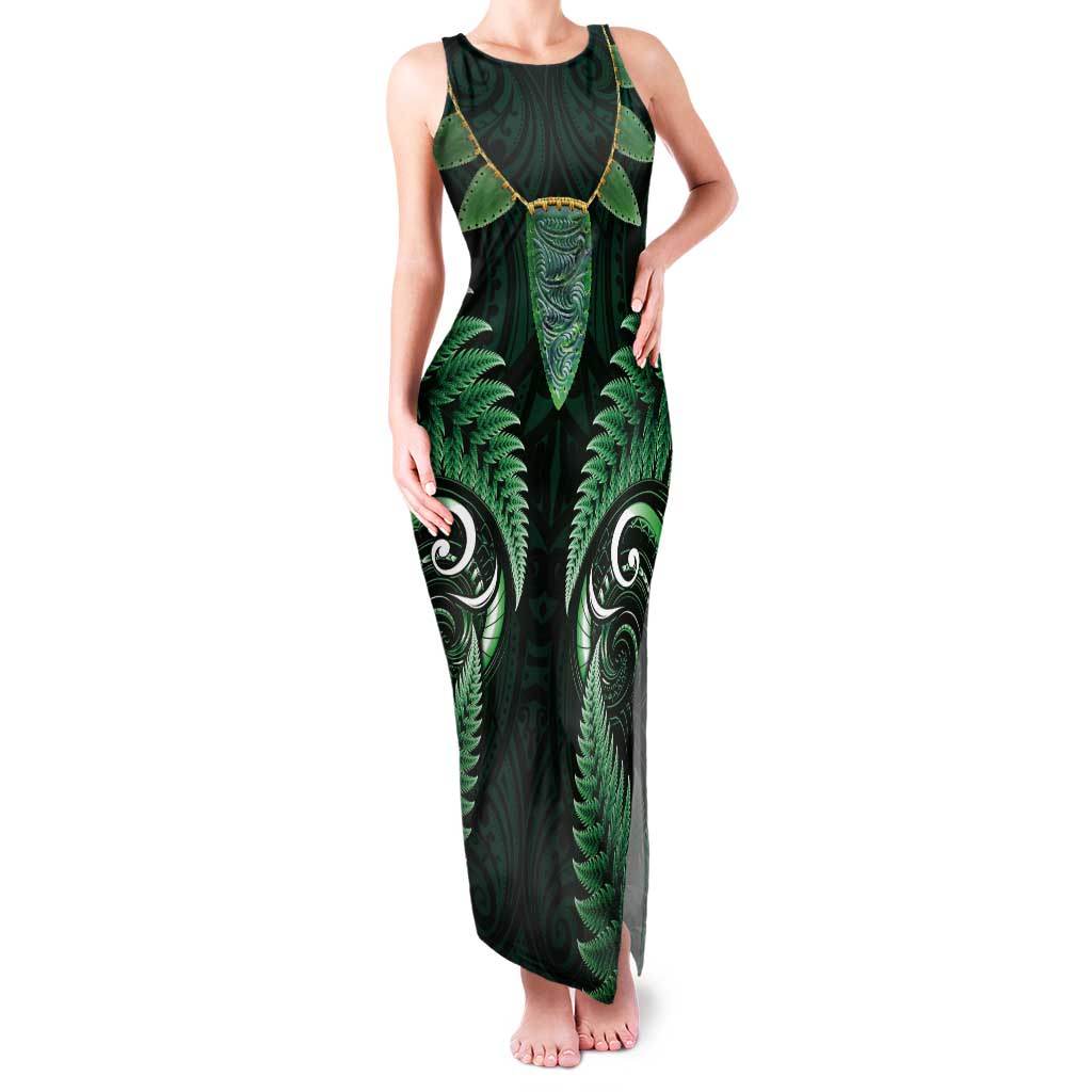 Aotearoa Pounamu Niho Tank Maxi Dress Silver Fern Mix Maori Pattern - Green LT14 Women Green - Polynesian Pride