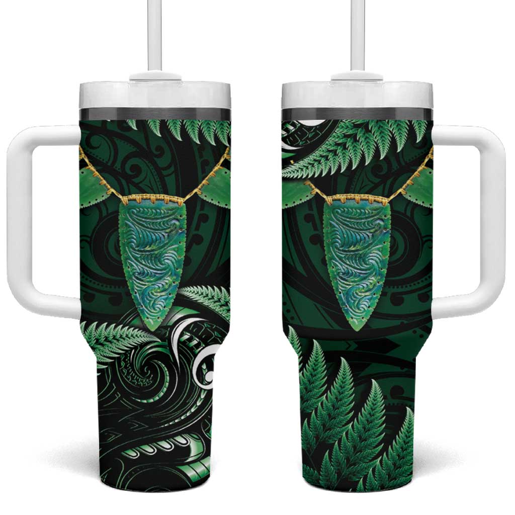 Aotearoa Pounamu Niho Tumbler With Handle Silver Fern Mix Maori Pattern - Green LT14 One Size: 40 oz Green - Polynesian Pride