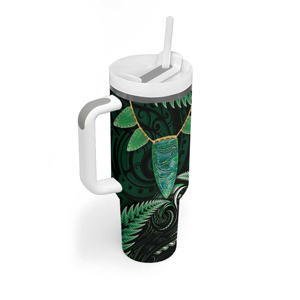 Aotearoa Pounamu Niho Tumbler With Handle Silver Fern Mix Maori Pattern - Green LT14 - Polynesian Pride