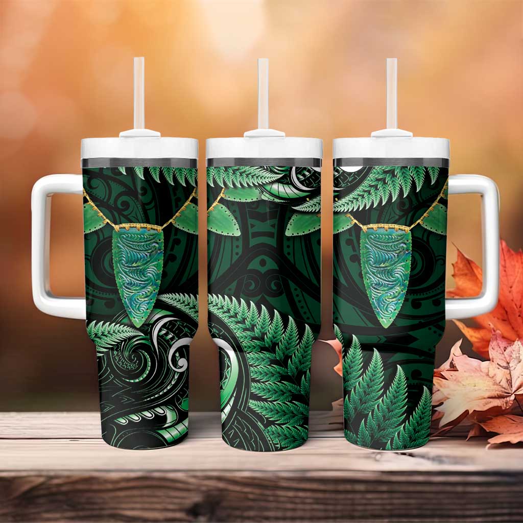 Aotearoa Pounamu Niho Tumbler With Handle Silver Fern Mix Maori Pattern - Green LT14 - Polynesian Pride