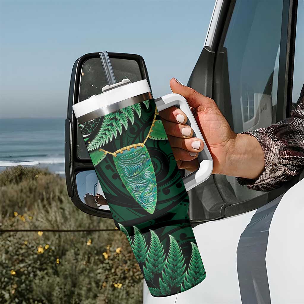 Aotearoa Pounamu Niho Tumbler With Handle Silver Fern Mix Maori Pattern - Green LT14 - Polynesian Pride