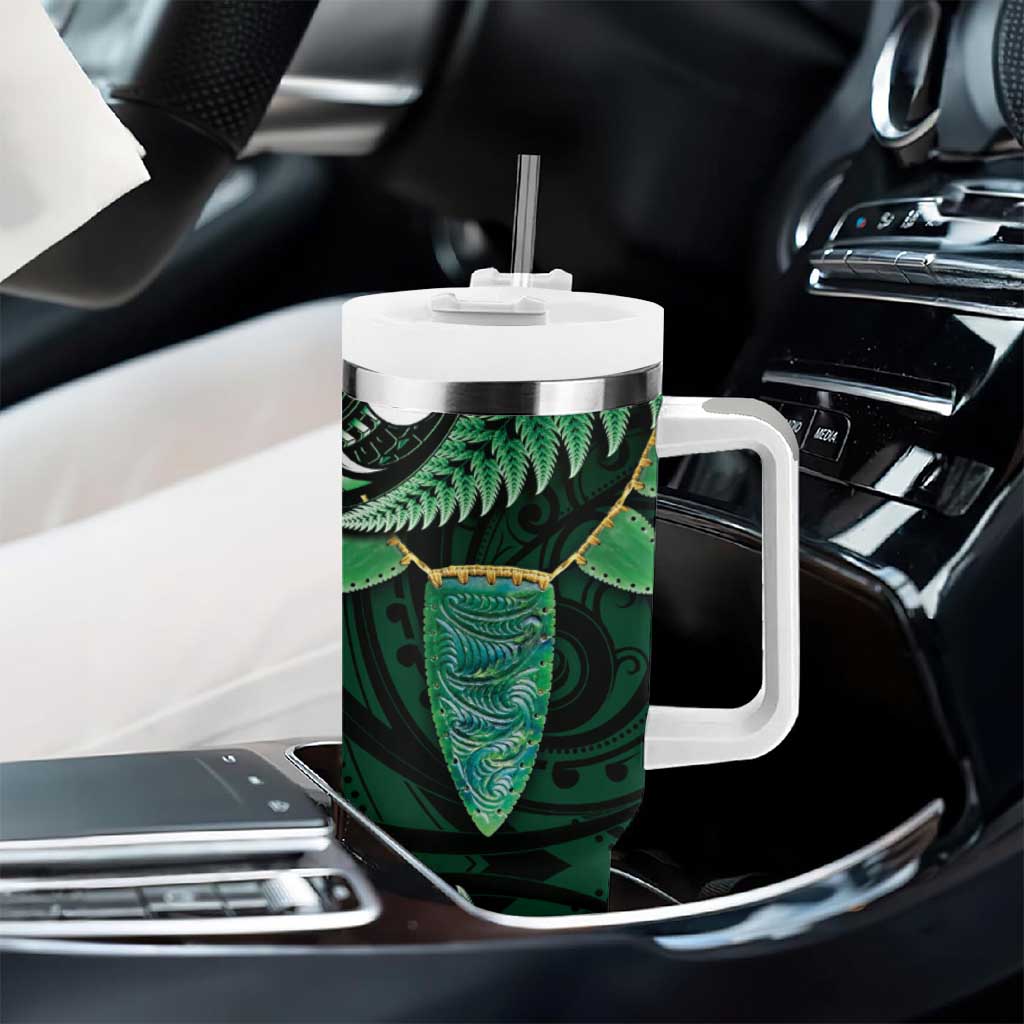 Aotearoa Pounamu Niho Tumbler With Handle Silver Fern Mix Maori Pattern - Green LT14 - Polynesian Pride
