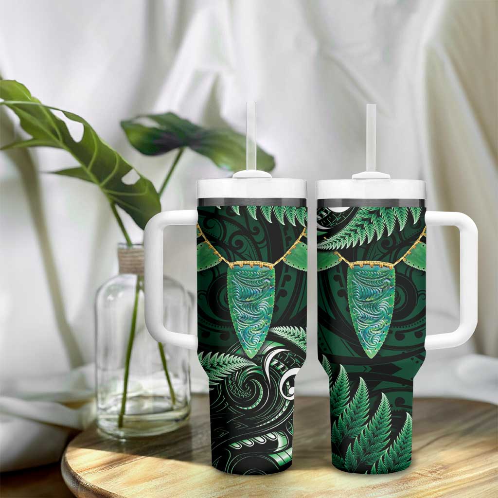 Aotearoa Pounamu Niho Tumbler With Handle Silver Fern Mix Maori Pattern - Green LT14 - Polynesian Pride