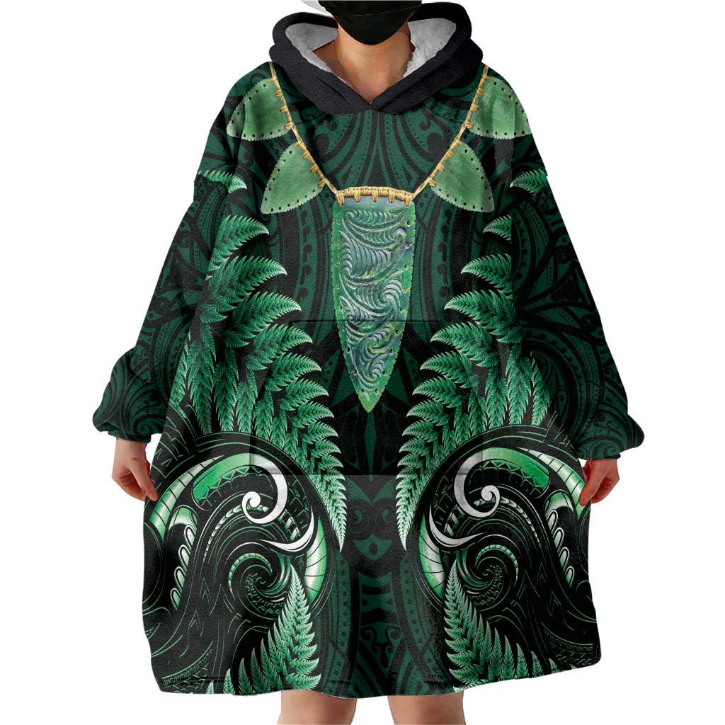 Aotearoa Pounamu Niho Wearable Blanket Hoodie Silver Fern Mix Maori Pattern - Green LT14 - Polynesian Pride