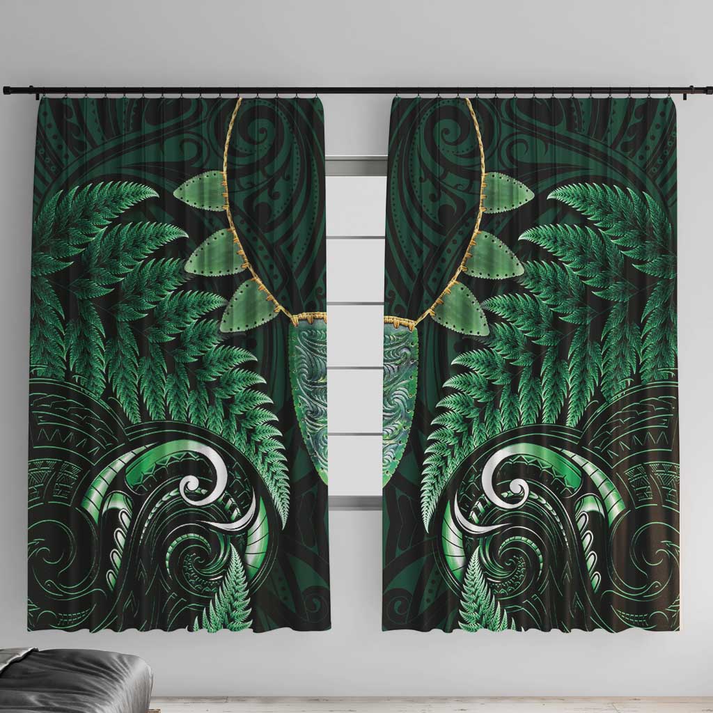 Aotearoa Pounamu Niho Window Curtain Silver Fern Mix Maori Pattern - Green LT14 With Hooks Green - Polynesian Pride