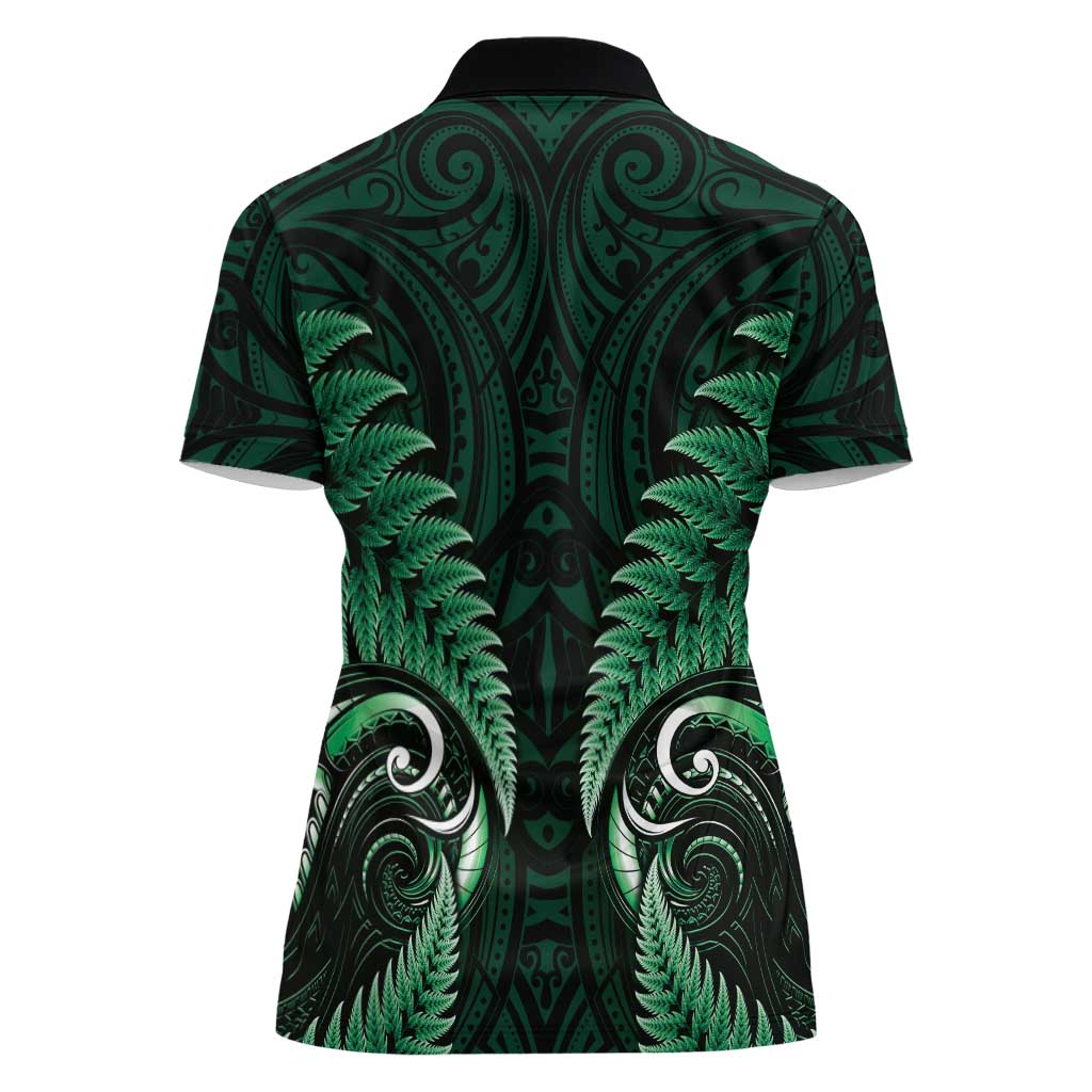 Aotearoa Pounamu Niho Women Polo Shirt Silver Fern Mix Maori Pattern - Green