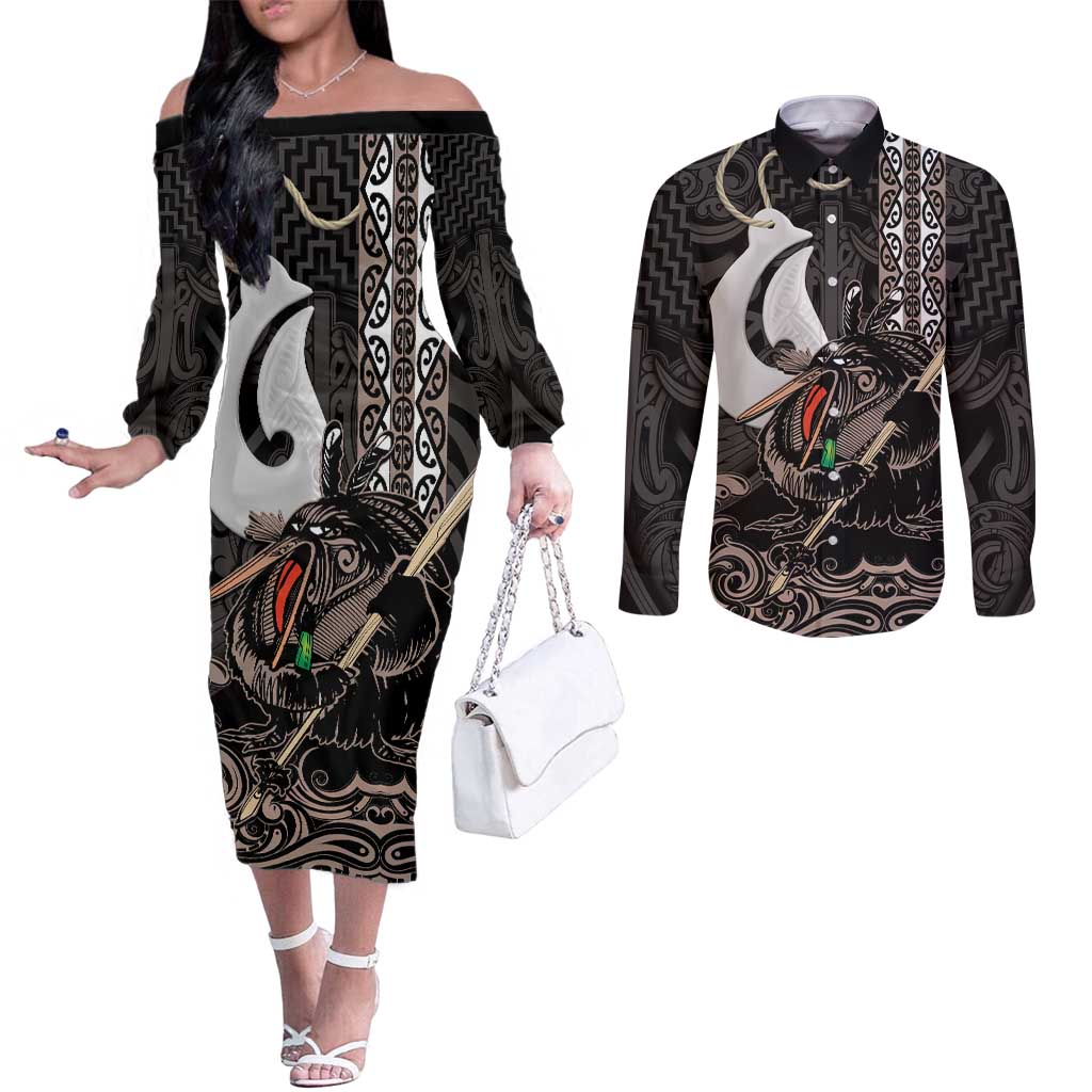 Aotearoa Hei Matau Couples Matching Off The Shoulder Long Sleeve Dress and Long Sleeve Button Shirt Haka Kiwi Mix Maori Mangopare LT14 Black - Polynesian Pride