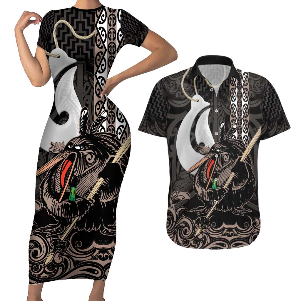 Aotearoa Hei Matau Couples Matching Short Sleeve Bodycon Dress and Hawaiian Shirt Haka Kiwi Mix Maori Mangopare LT14 Black - Polynesian Pride