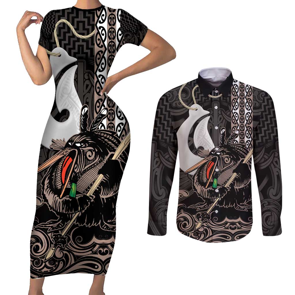 Aotearoa Hei Matau Couples Matching Short Sleeve Bodycon Dress and Long Sleeve Button Shirt Haka Kiwi Mix Maori Mangopare LT14 Black - Polynesian Pride