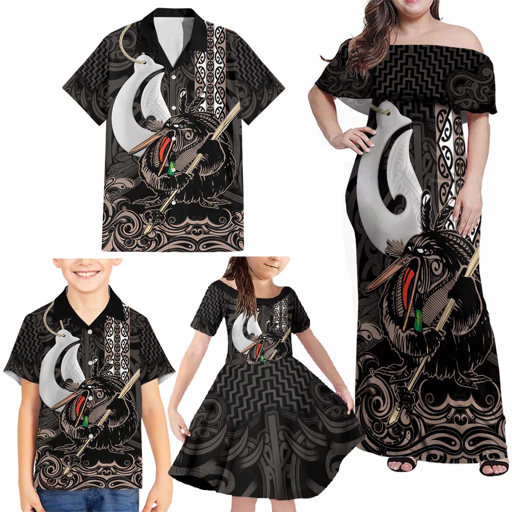 Aotearoa Hei Matau Family Matching Off Shoulder Maxi Dress and Hawaiian Shirt Haka Kiwi Mix Maori Mangopare