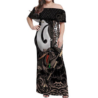Aotearoa Hei Matau Off Shoulder Maxi Dress Haka Kiwi Mix Maori Mangopare LT14 Women Black - Polynesian Pride