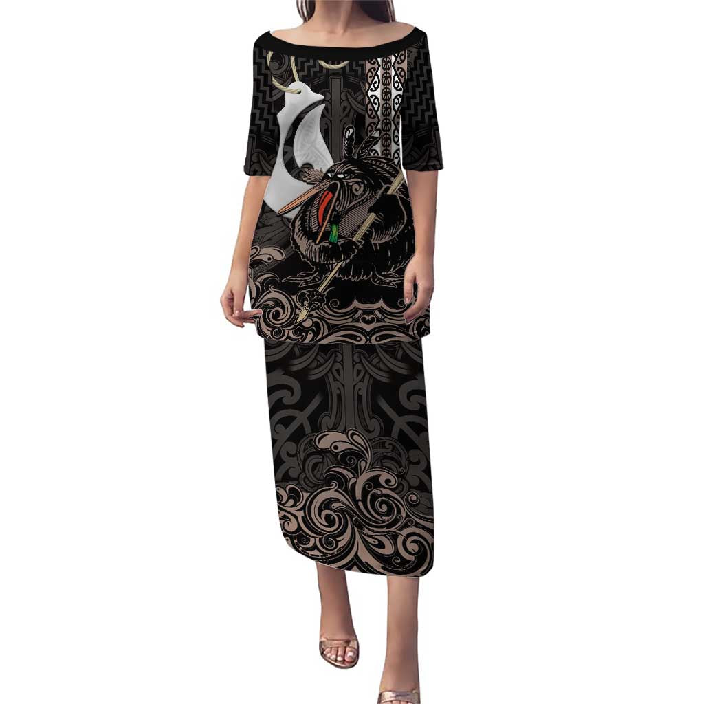 Aotearoa Hei Matau Puletasi Haka Kiwi Mix Maori Mangopare LT14 Long Dress Black - Polynesian Pride