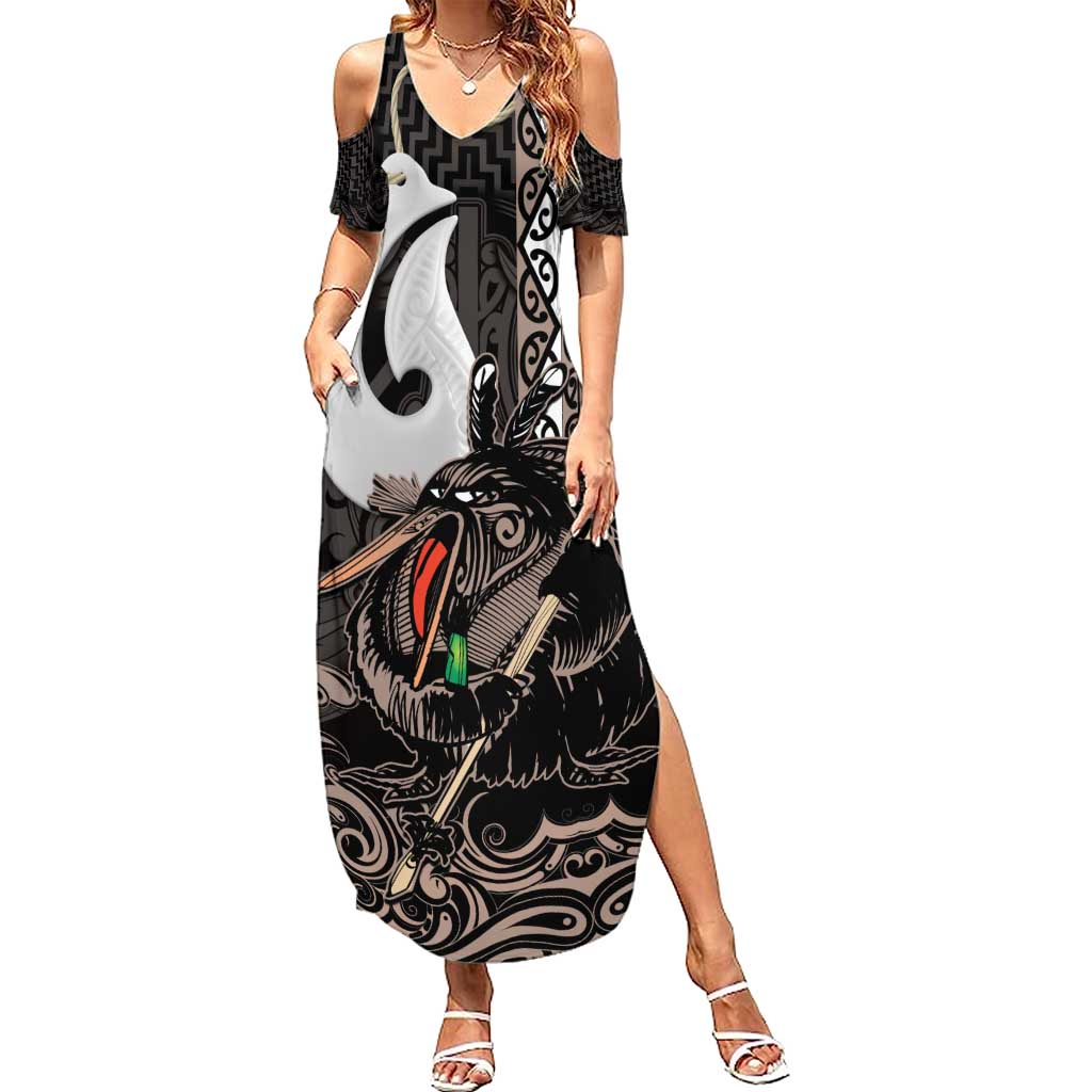 Aotearoa Hei Matau Summer Maxi Dress Haka Kiwi Mix Maori Mangopare LT14 Women Black - Polynesian Pride